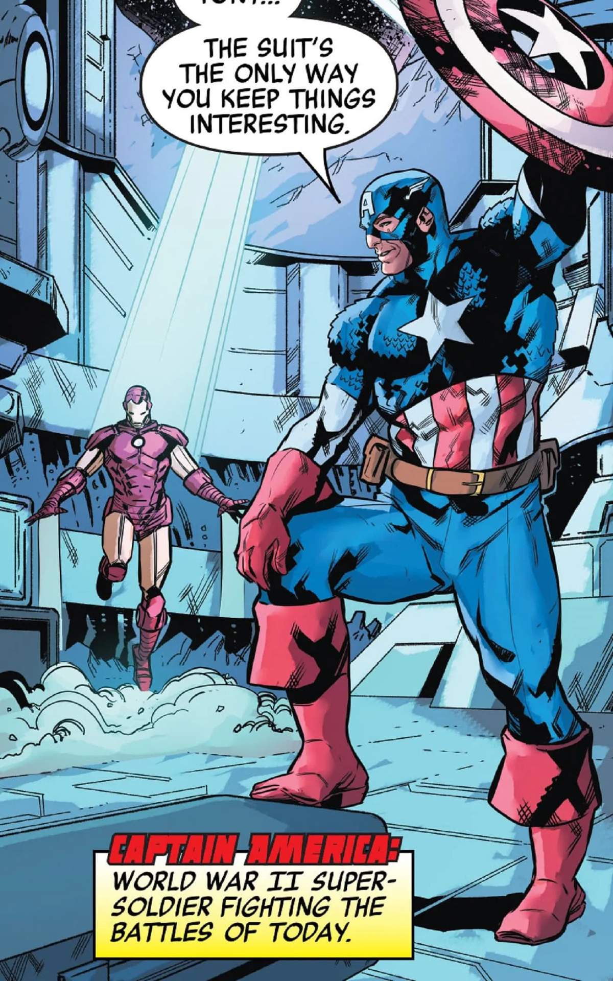 Captain America enters the scene, shield in hand.