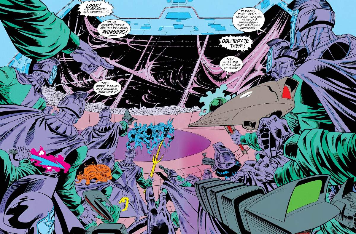 The Avengers interrupt a council meeting in AVENGERS: THE TERMINATRIX OBJECTIVE (1993) #2.