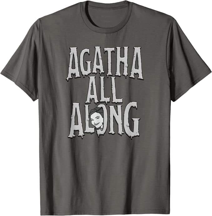 <a href=https://www.amazon.com/Marvel-WandaVision-Agnes-Agatha-T-Shirt/dp/B08XNZR9BS>Surprise Agatha All Along T-Shirt</a> / Amazon