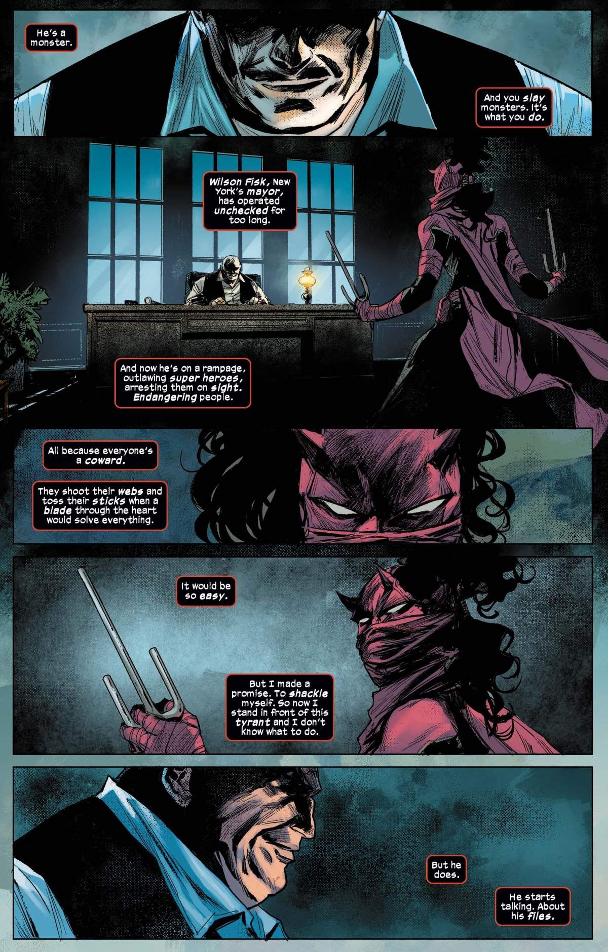 Daredevil: Elektra confronts her former boss in DAREDEVIL: WOMAN WITHOUT FEAR (2022) #1.