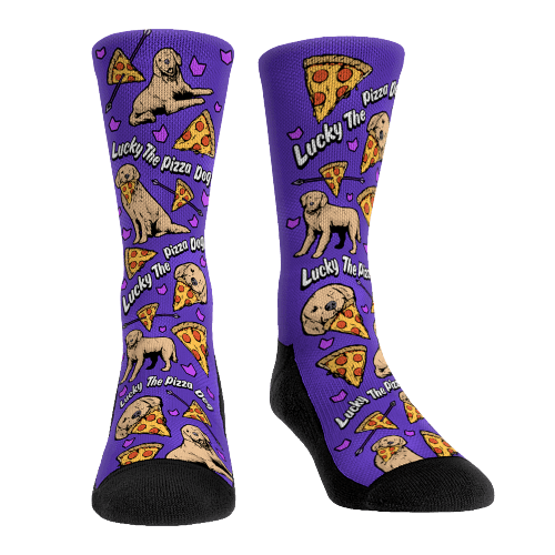 Shop it <a href=https://rockemsocks.com/products/hawkeye-lucky-the-pizza-dog>here</a>