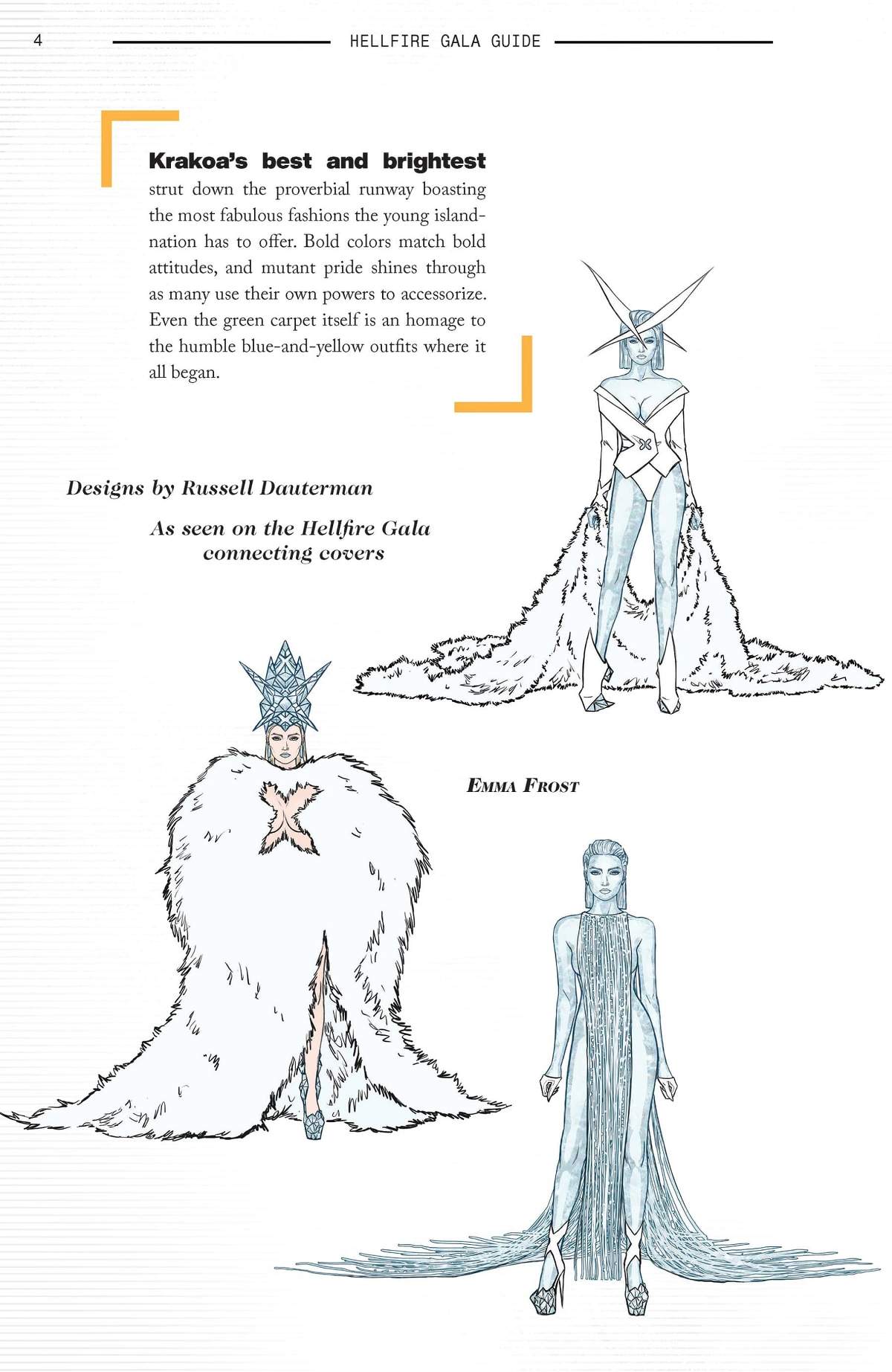 Emma Frost’s designs by Russell Dauterman in HELLFIRE GALA GUIDE (2021) #1.