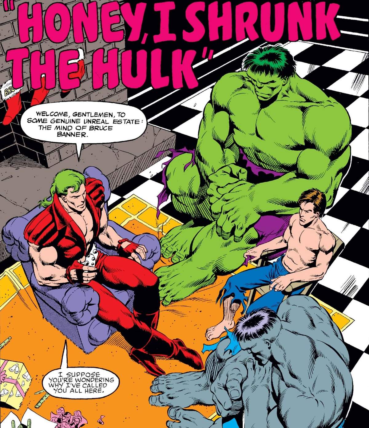 Bruce Banner sits with two of his Hulks in INCREDIBLE HULK (1962) #377.