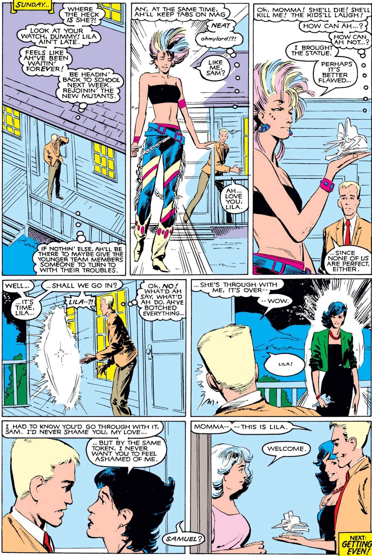 Lila transforms in time to meet Mrs. Guthrie in NEW MUTANTS (1983) #42.