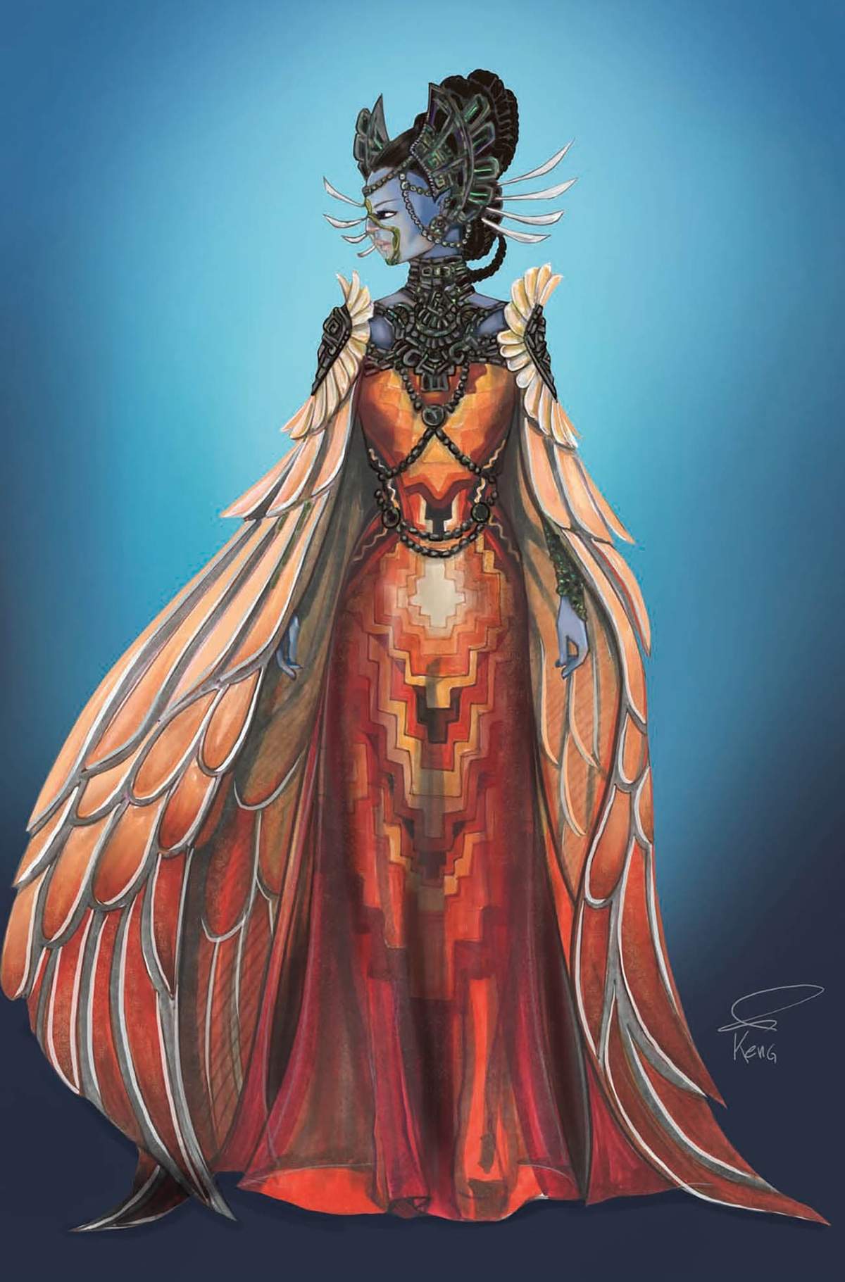 A costume sketch of Namora from The Art of Ruth E. Carter: Costuming Black History and the Afrofuture, from Do the Right Thing to Black Panther.