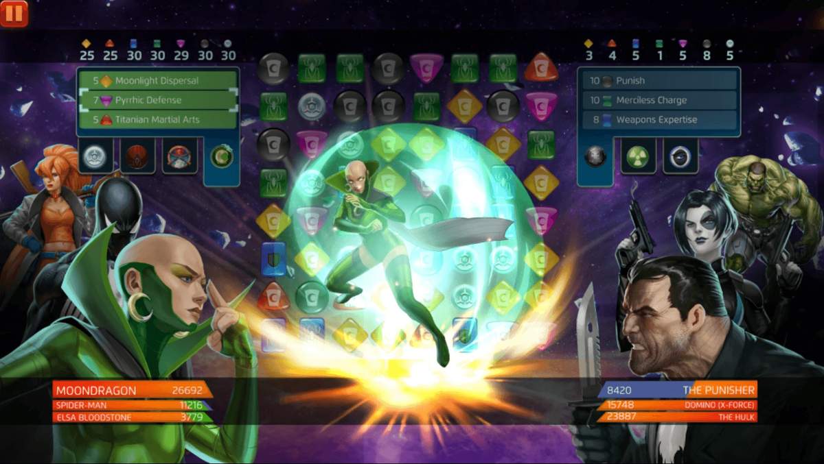 Moondragon (Heather Douglas) uses Pyrrhic Defense in MARVEL Puzzle Quest