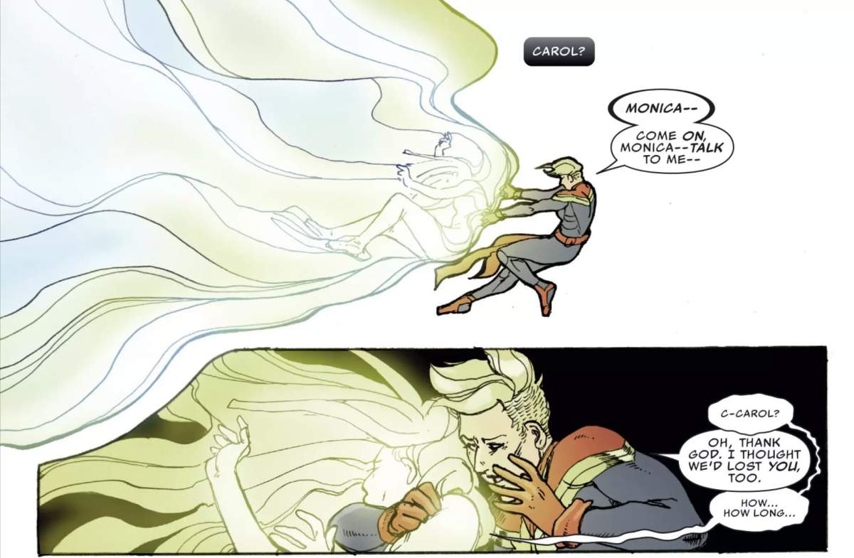 Captain Marvel saves Monica Rambeau in her pure energy form in ULTIMATES 2 (2016) #7.