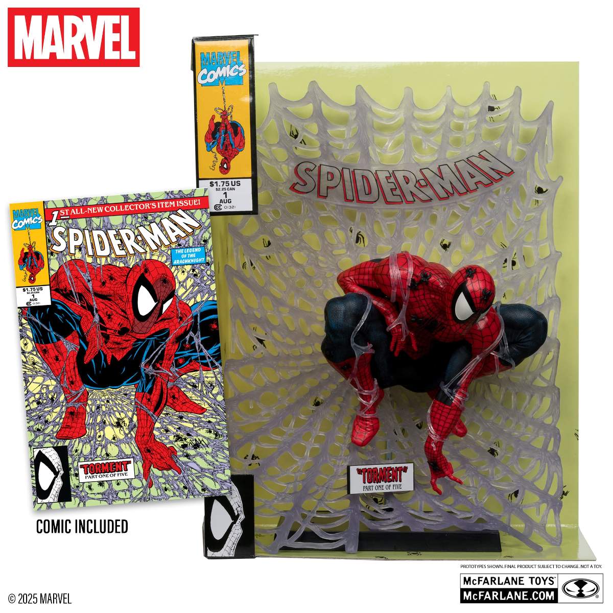 McFarlane Toys Spider-Man statue with a copy of SPIDER-MAN (1990) #1 beside it