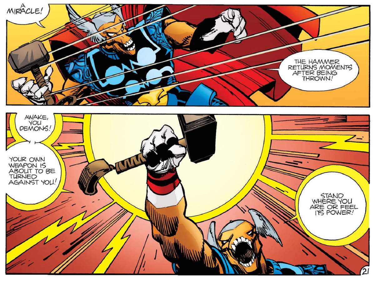 Beta Ray Bill picks up Mjolnir.