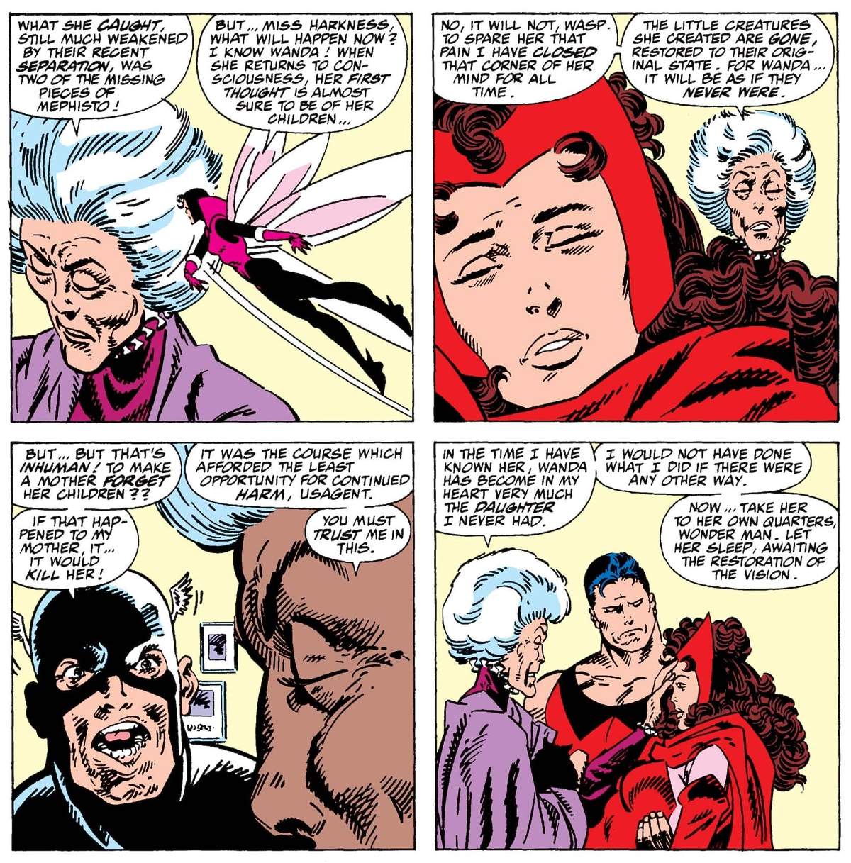 Agatha erases the twin from Wanda's memory in WEST COAST AVENGERS (1985) #52.