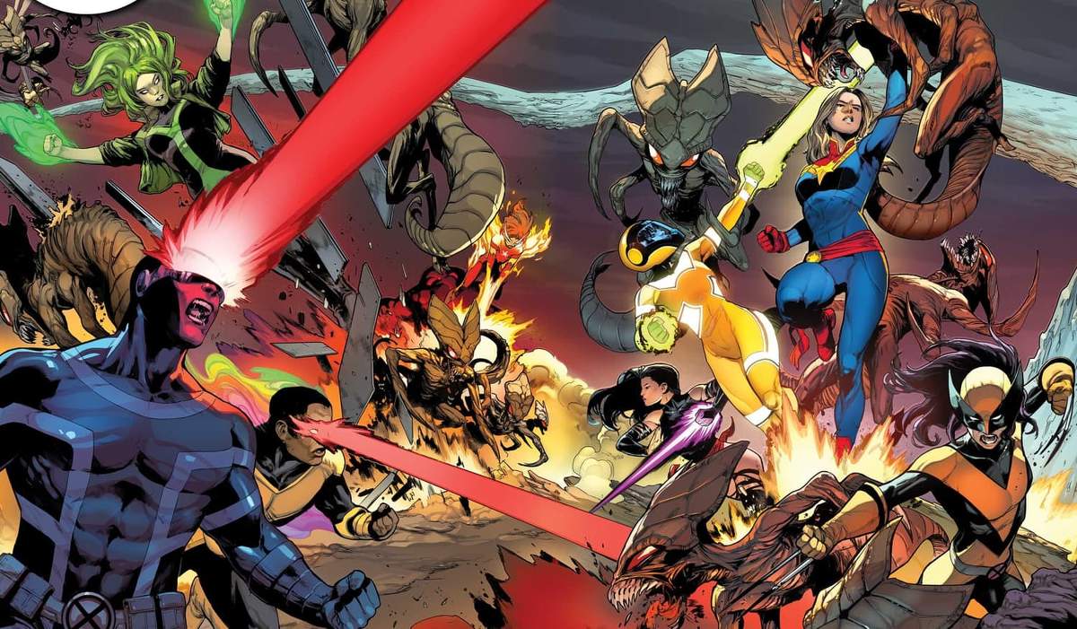 X-MEN (2021) #19 and CAPTAIN MARVEL (2019) #46 connecting covers by Juan Frigeri and David Curiel